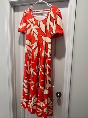 Orange Hawaiian Print Puff Sleeve Stretchy Smocked Back Maxi Dress Large 12-14